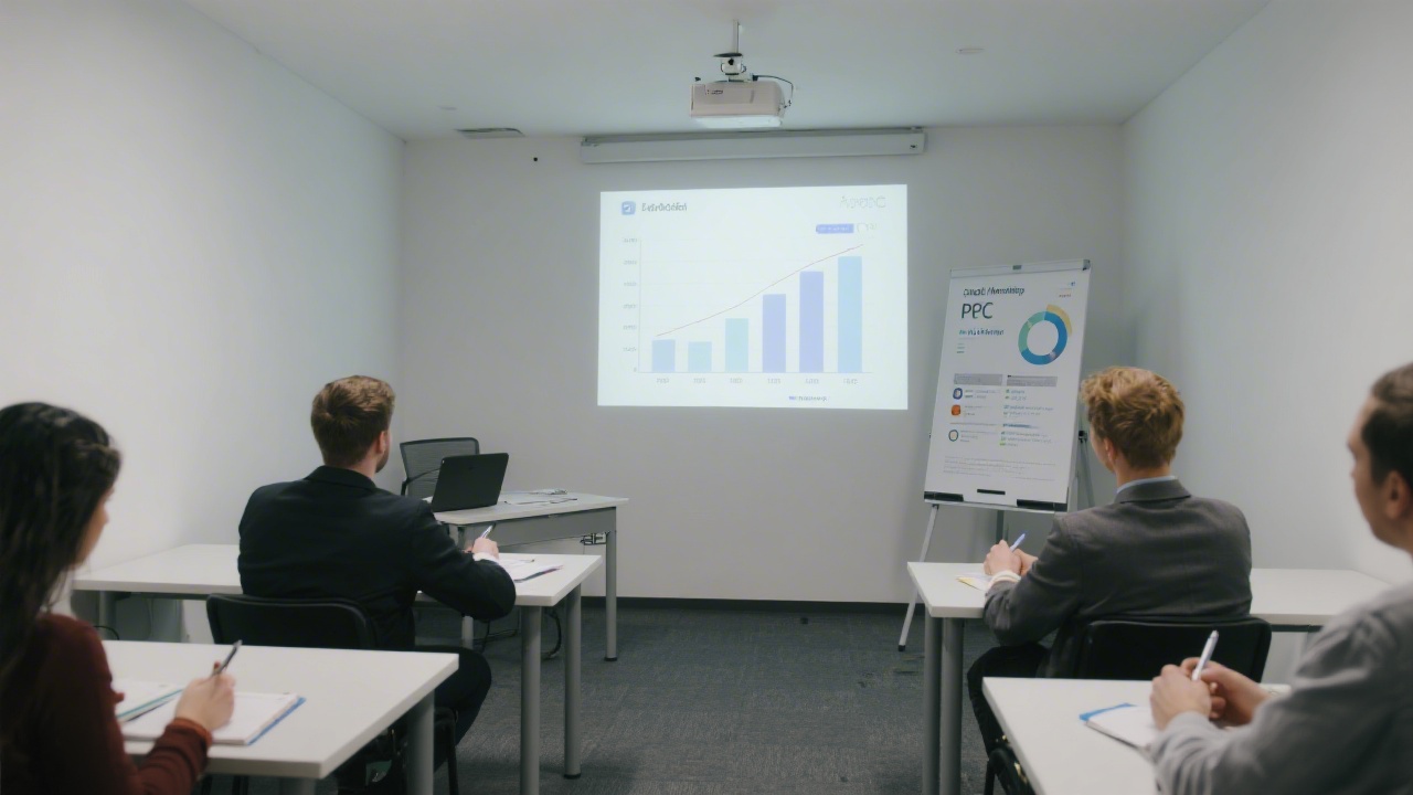 Small training classroom with digital marketing materials, a projector showing PPC charts, and students taking notes in a calm professional environment