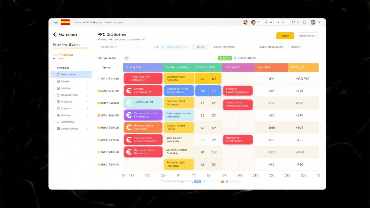 Detailed spreadsheet showing PPC budget distribution in euros, split by channels and months, with realistic Spanish market assumptions and conversion rates