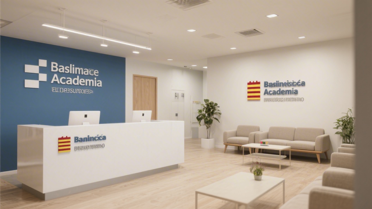 Reception area of a modern training academy in Madrid, with clean desks, neutral lighting, and a professional atmosphere suitable for business education