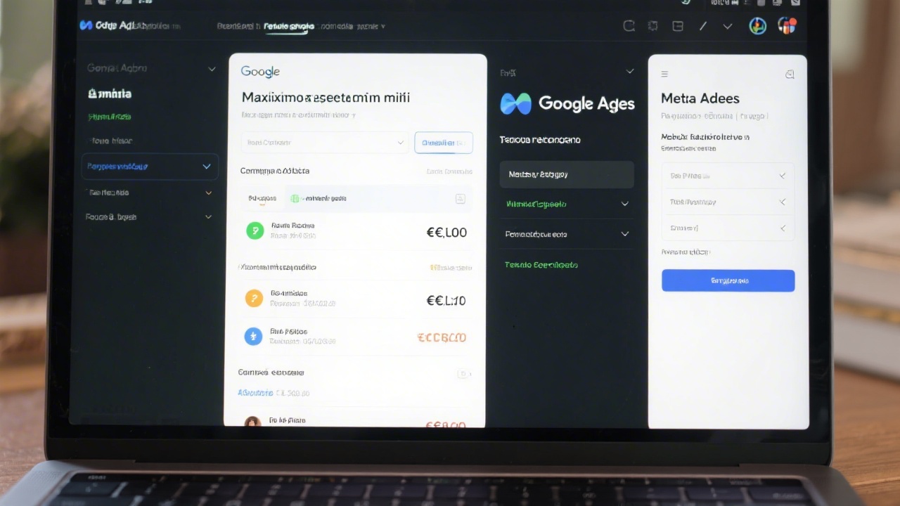Laptop screen showing split view of Google Ads and Meta Ads setup screens, campaign objectives, budget fields in euros, and clear interface with Spanish labels