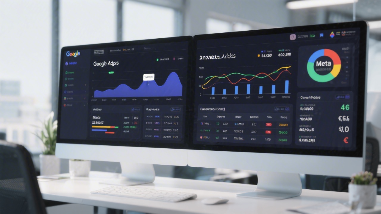 Wide desktop dashboard mockup showing Google Ads and Meta Ads performance metrics, line charts, conversion tables, and Spanish currency figures, modern office background