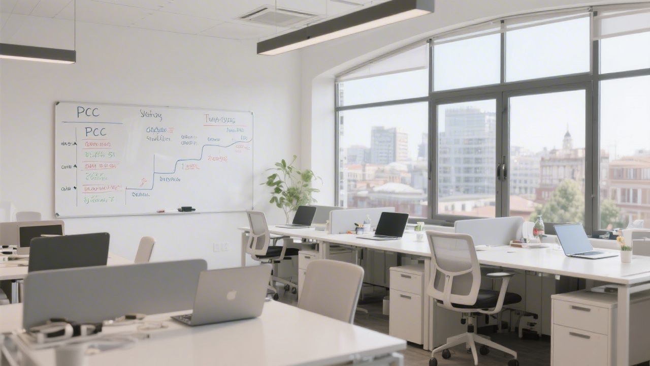 Modern office workspace in Madrid with large windows, desks with laptops, and a whiteboard listing PPC goals and timelines, professional and clean look