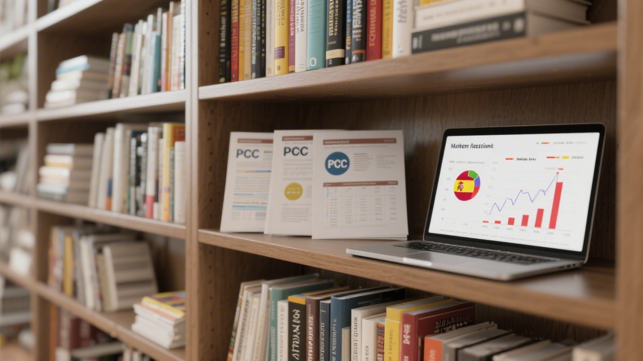 Shelves with marketing books, printed PPC reports, and a laptop showing market research graphs for Spain, giving a sense of structured learning resources