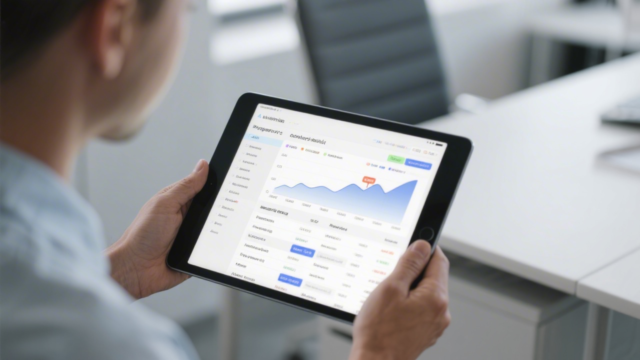 Consultant analyzing PPC account audit on a tablet, showing ad groups, keywords and performance trends, in a calm professional office setting
