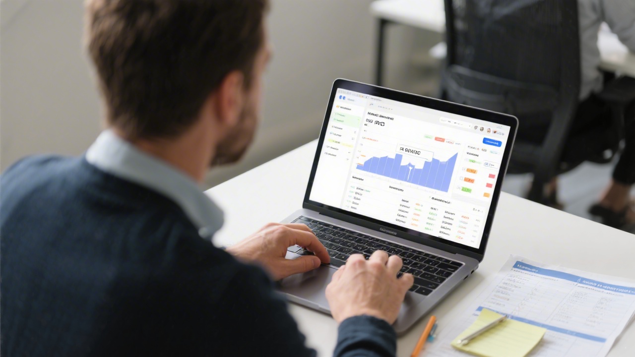 Team reviewing PPC performance on large screen, showing conversion funnel and budget pacing, in a modern Spanish office with minimal equipment