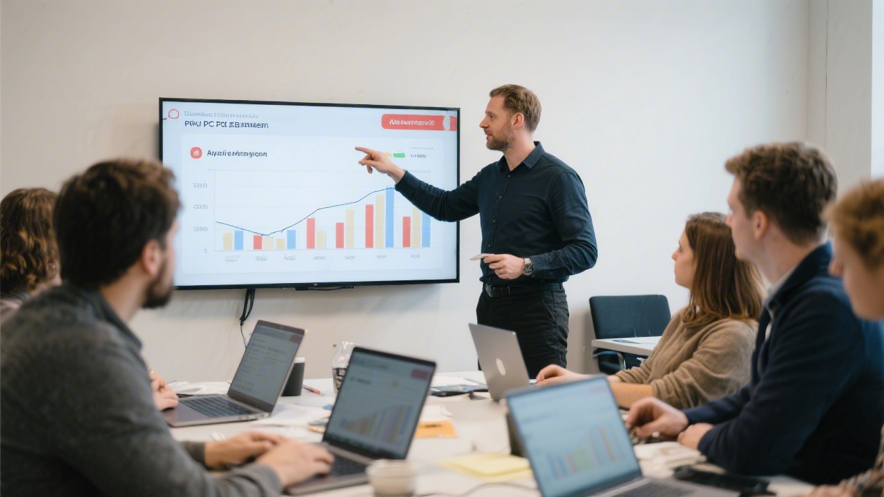 Hands-on PPC workshop with participants using laptops, a trainer pointing at a screen with ad performance charts, and a collaborative learning atmosphere